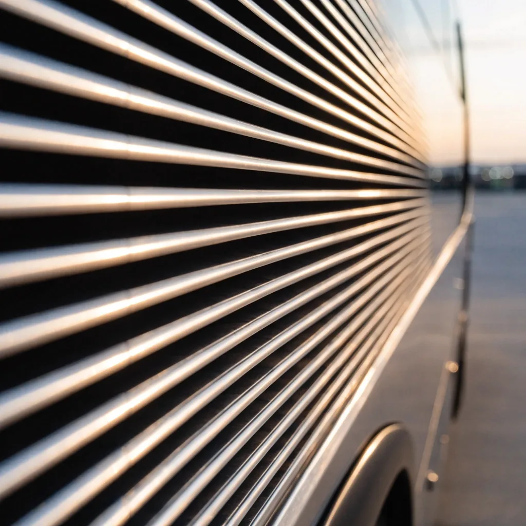 Detail žeber hliníkového boku dálkového autobusu v šikmém ranním světle